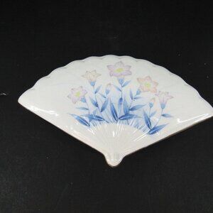 Vintage Inoguchi Fan Shaped Ceramic Trinket Jewelry Box Floral Chinoiserie